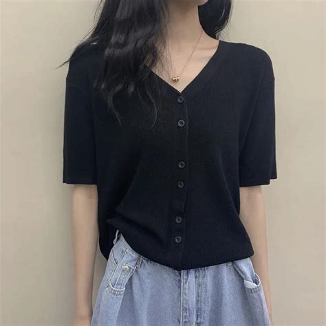 Knitted Cardigan V Neck Top Women Loose Thin Style Ice Silk Short
