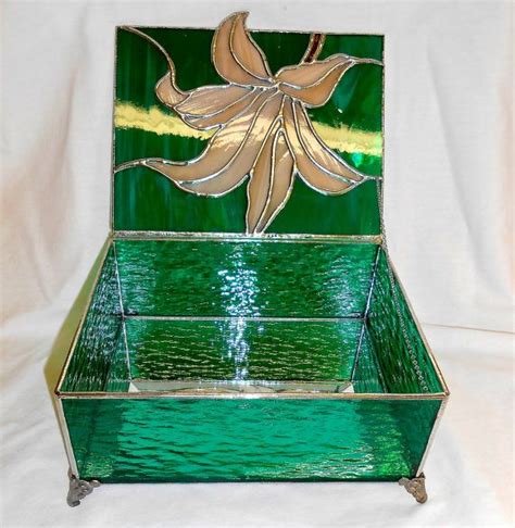 Stained Glass Jewelry Box Teal With Champagne Lily Caja De Joyería Joyero De Cristal Cajas