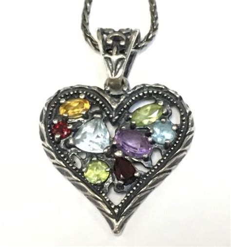 Vintage Sterling Silver Multi Gemstone Heart Pendant Necklace Topaz