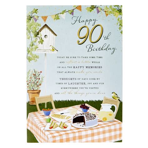 When writing a birthday card for your new nonagenarian (a person between the age of 90 and 99), first consider the person receiving the card. 90th Birthday Card - Garden Picnic | Card Factory