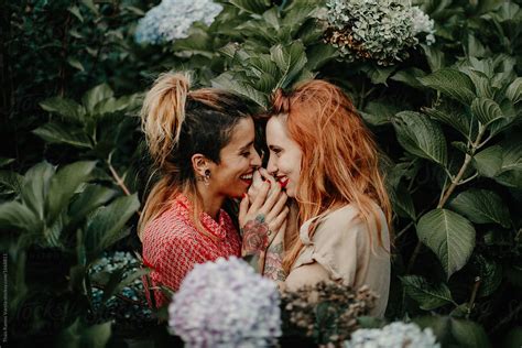 Two Girls Kissing Behind A Bush Porthais Varela