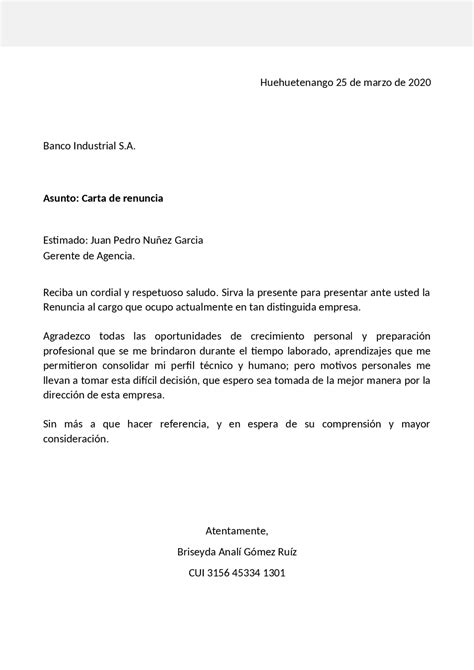 Carta Renuncia Laboral Apuntes De Derecho Laboral Docsity