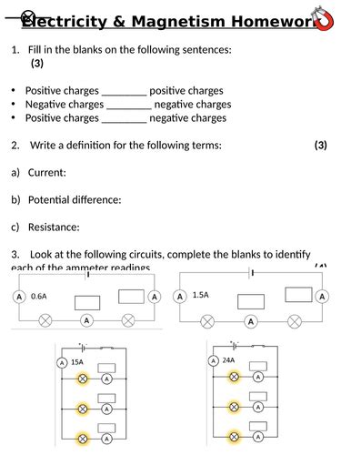 Ks3 Year 8 Electricity And Magnetism Homework Teaching Resources