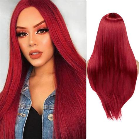 Red Straight Wavy Wig With Bang Red Wig Cosplay Wig Heat Resistant Synthetic Hair Wigs For
