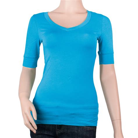 Womens Basic Elbow Sleeve V Neck Cotton T Shirt Plain Top Plus Size