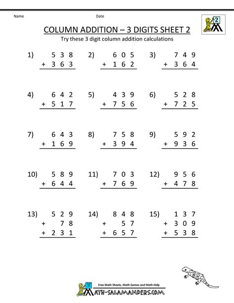 Numbers from 1 to 20 grade/level: Second Grade Addition Worksheets