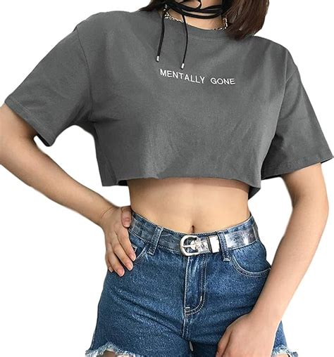 Womens Letter Print Crop Tops Cropped Baggy Shirt Short Sleeve