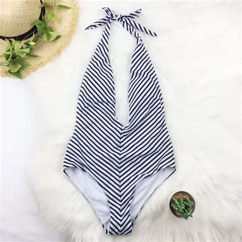 Buy Sexy High Cut One Piece Swimsuit Striped Print