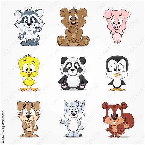 Set Of Cute Cartoon Characters Animals Stock Vector Adobe Stock