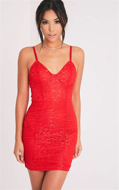 Catherina Red Lace Panel Bodycon Dress Dresses Prettylittlething Us