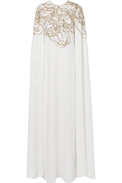Oscar De La Renta Cape Effect Embellished Tulle And Silk Cady Gown