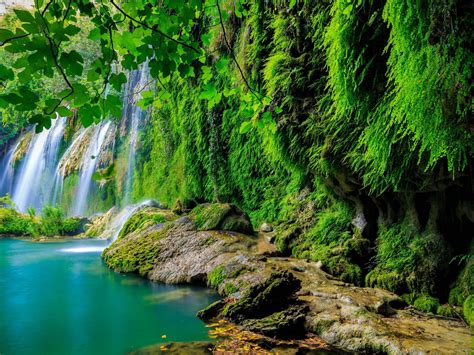 green tropical forest waterfall lake landscape nature