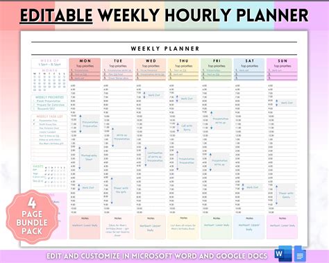 Weekly Hourly Planner - EDITABLE Weekly Schedule & Daily Planner