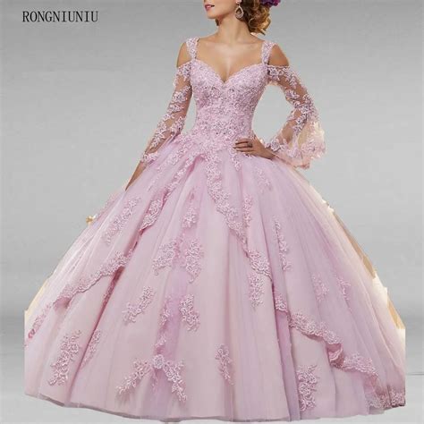 2019 Elegant Ball Gown Pink Quinceanera Dresses Puffy Long Sleeve