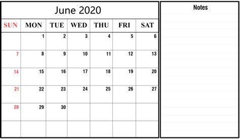 Free June 2020 Calendar With Notes Monthly Planner Template