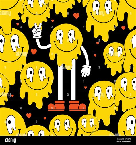 Retro Seamless Pattern Groovy Background Melting Smile Face Funny
