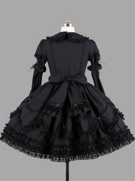 Black Elegant Bows Cotton Gothic Lolita Long Sleeve Dress