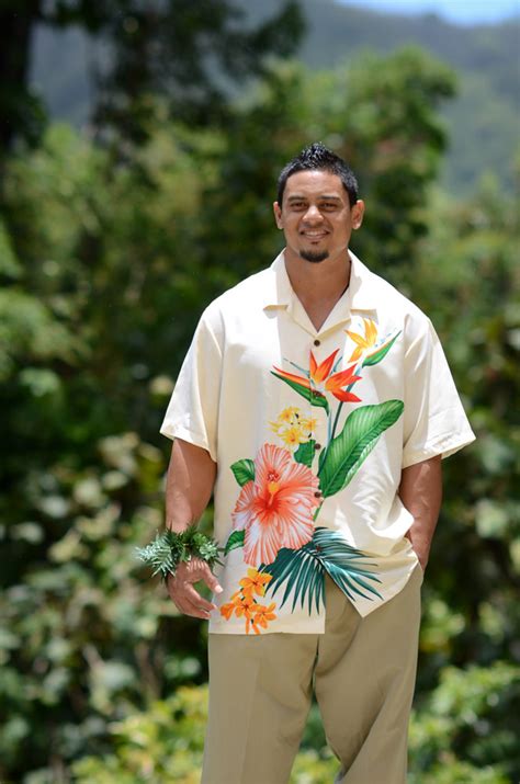 Tropical Beige Flower Hawaiian Men Aloha Shirt Jade Fashion