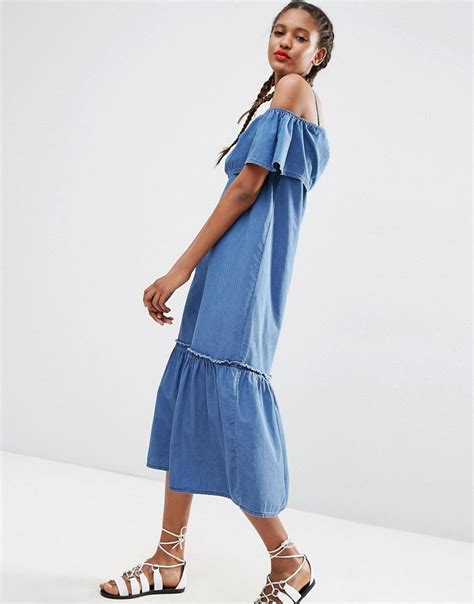 Image 1 Of Asos Denim Maxi Dress With Off Shoulder And Ruffle Hem Denim Maxi Dress Maxi Dress