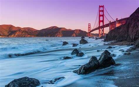 Golden Gate Bridge Bridge San Francisco Beach Ocean Rocks Stones Bay Sea Waves