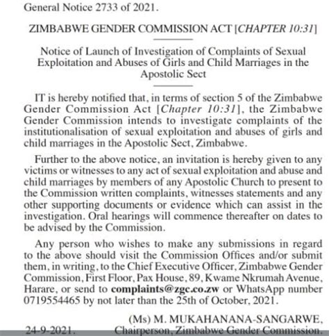 Zimbabwe Gender Commission On Twitter Launch Of Investigation Of Complaints Of Sexual