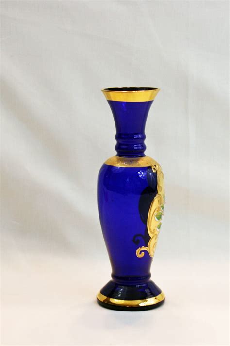 Vintage Lefton Cobalt Blue Bud Vase Gold Gilding Enamel Flowers Hand Blown Hand Painted Bohemian