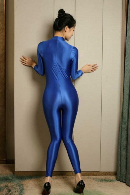 Plus Size Women Satin Shiny Catsuit Slim Bodysuit Shiny 2 Way Zipper