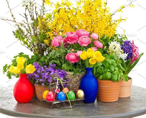 Spring Flowers And Easter Eggs High Quality Holiday Stock Photos