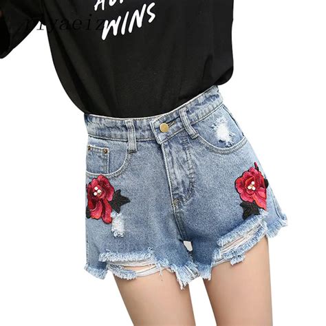 Rlyaeiz Europe Style High Waist Denim Shorts Women 2018 Summer Fashion Floral Embroidery Hole