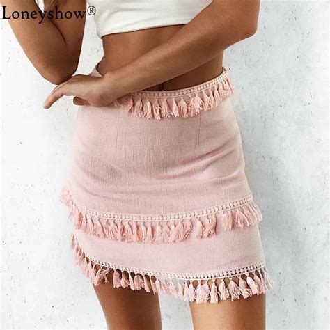Loneyshow 7 Colors Casual Bohemian Tassel Women Solid Skirts High Waist Summer Sweet Mini Skrits