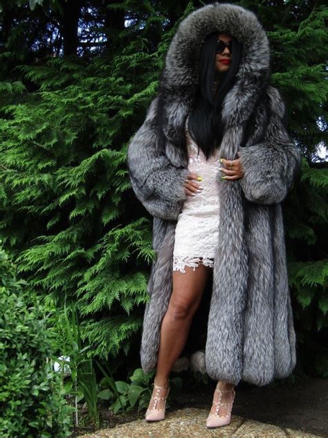 ⭐new Luxury Saga Silver Fox Fur Swing Coat Jacket Large Hood Full