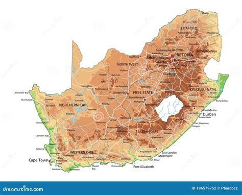 High Detailed South Africa Physical Map With Labeling Stock Vector