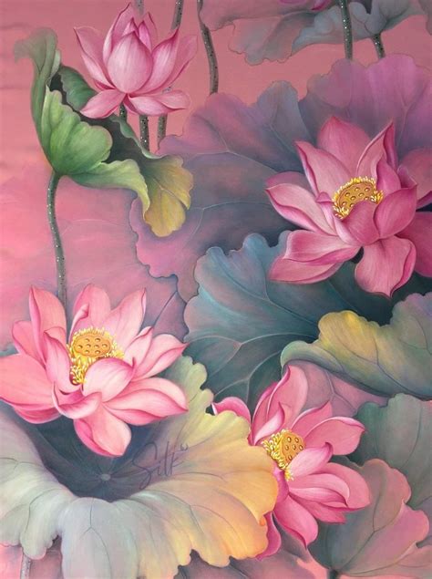 An Oil Painting Of Pink Flowers And Green Leaves On A Pink Background
