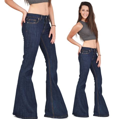 New Womens Dark Blue 60s 70s Retro Bell Bottoms Flares