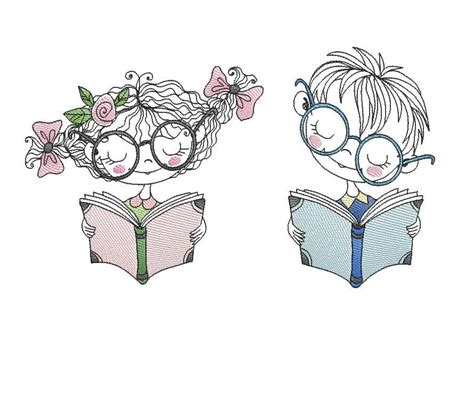 Bookworms Lea And Louis Set Doodle Embroidery File For Etsy