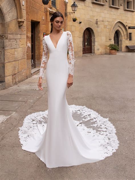 white one bridal tay pronovias wedding dress lace mermaid sheer sleeves gown