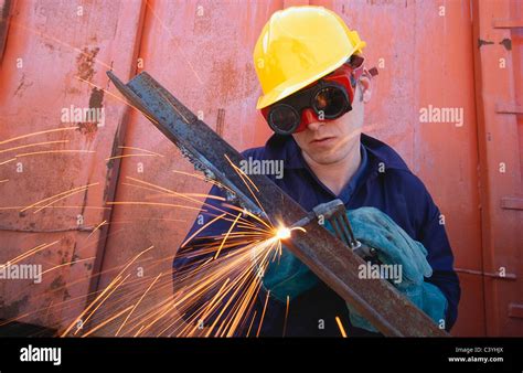 Construction Worker Cutting Steel Stock Photo Alamy