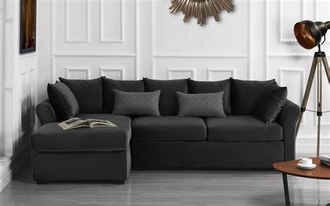 Classic L Shape Couch Large Velvet Sectional Sofa With Extra Wide Chaise Lounge Dark Grey