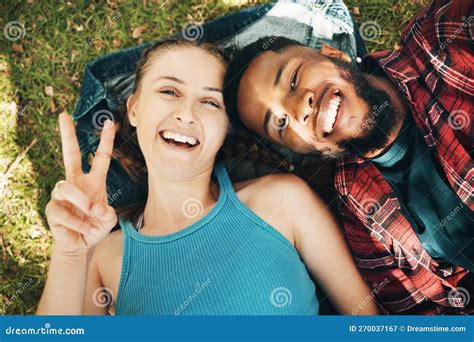 Interracial Couple Park And Portrait Selfie For Lying Relax Or Grass For Smile Love Or