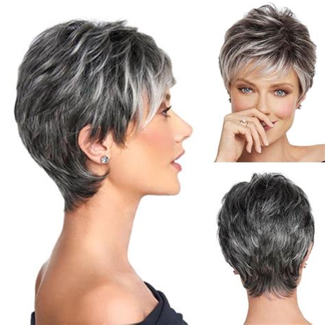 Ombre Silver Grey Short Pixie Cut Wig Synthetic Short Straight Full Wig Us Stock Ebay