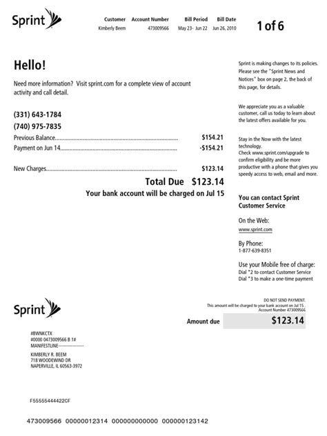 Cell Phone Bill Sprint Corporation Fee