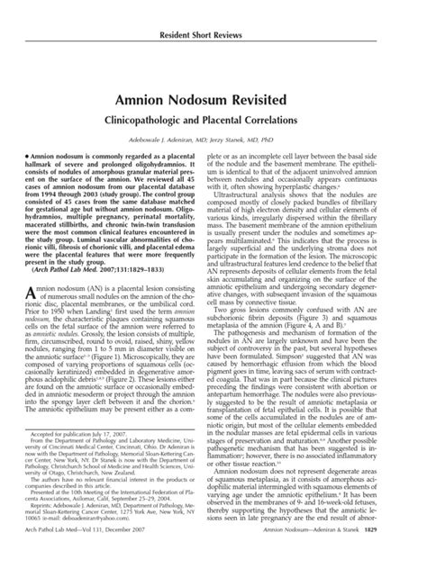 Amnion Nodosum Pdf Preterm Birth Epithelium