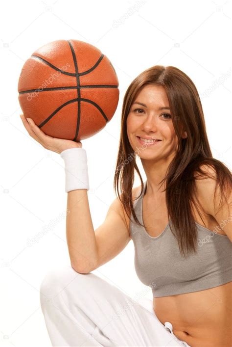 Pretty Brunette Woman Holding Basketball In Hand Stock Photo By