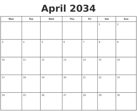 April 2034 Print A Calendar