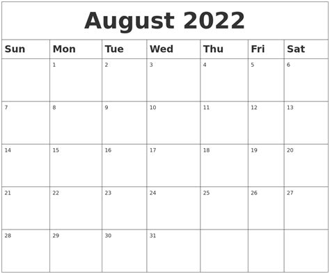 August 2022 Blank Calendar