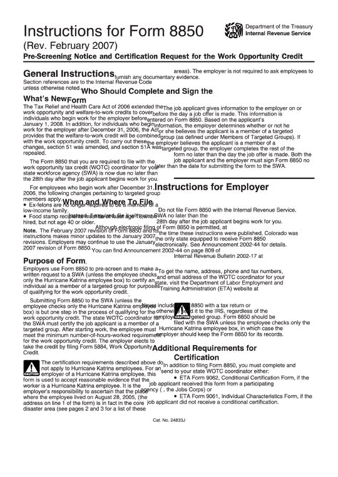 Instructions For Form 8850 Internal Revenue Service Printable Pdf
