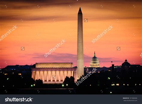 Glowing Dawn Sky Over The Skyline Of Washington Dc Stock Photo