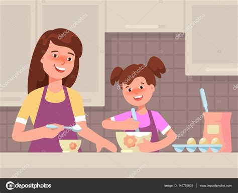 Happy Mother And Daughter Cooking Food Together In The