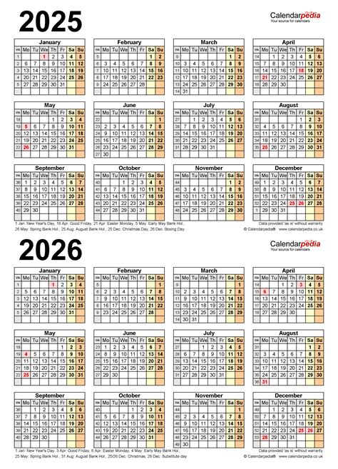 Two Year Calendars For 2025 And 2026 Uk For Excel