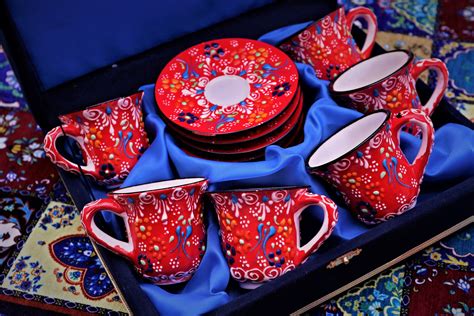 X Turkish Coffee Cup Set With Velvet Gift Box Relief Processing